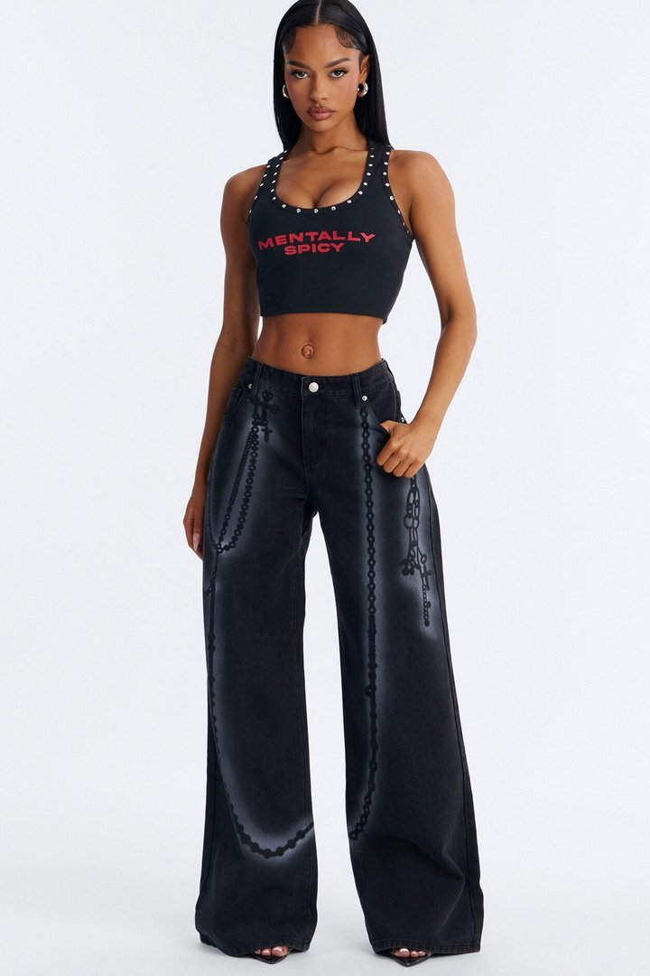 Crossed My Mind Printed Wide Leg Jeans - Black Wash