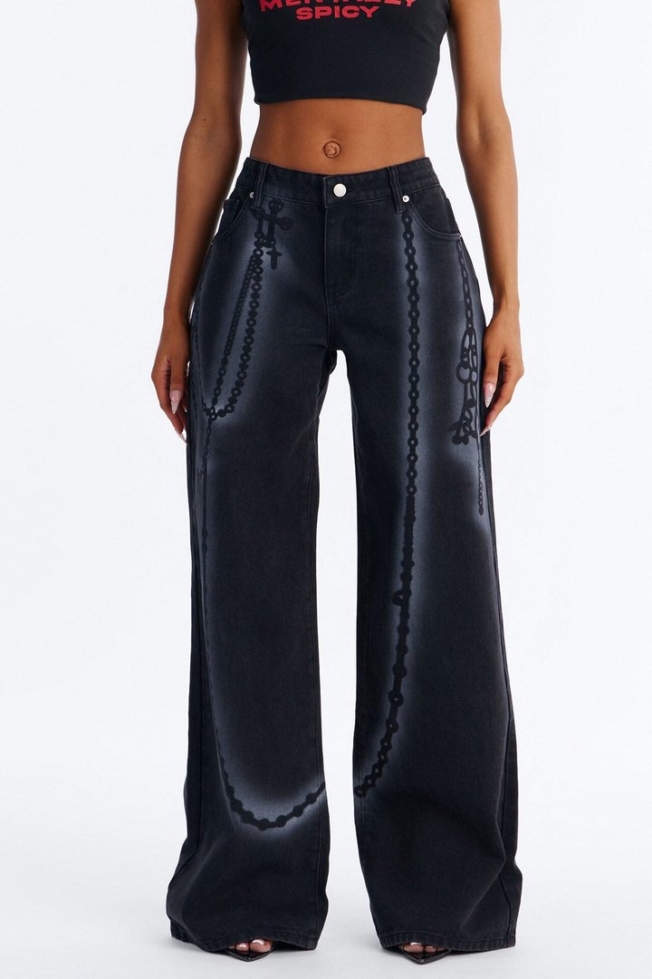 Crossed My Mind Printed Wide Leg Jeans - Black Wash