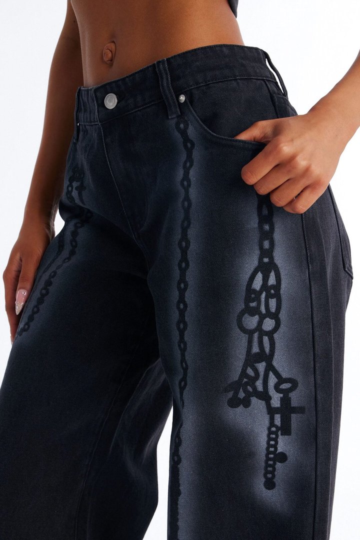 Crossed My Mind Printed Wide Leg Jeans - Black Wash
