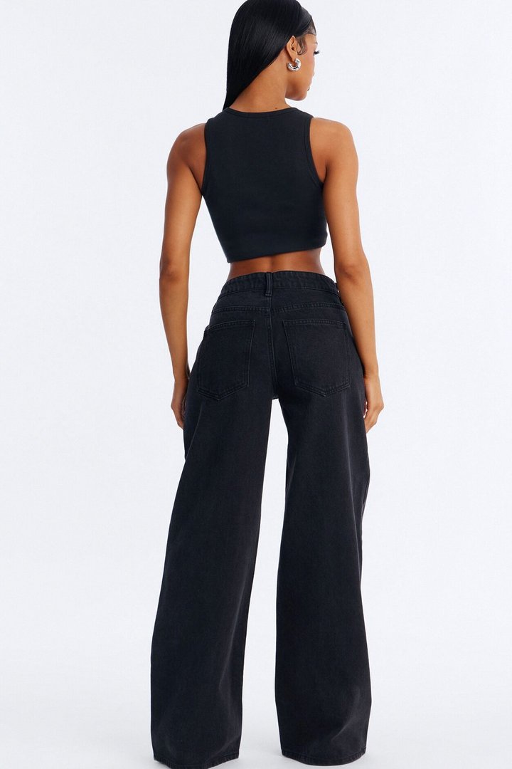 Crossed My Mind Printed Wide Leg Jeans - Black Wash