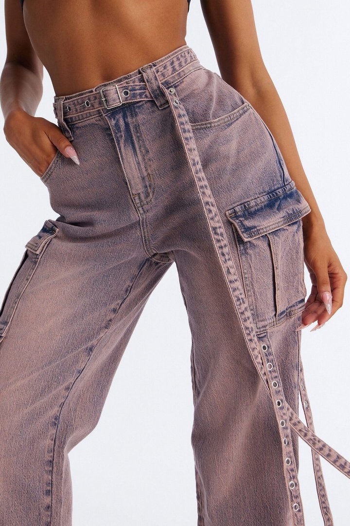 Out Of It Belted Cargo Straight Leg Jeans - Pink