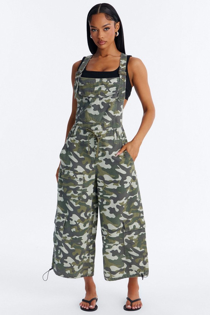 In Command Cargo Cropped Drapey Denim Overalls - Camouflage