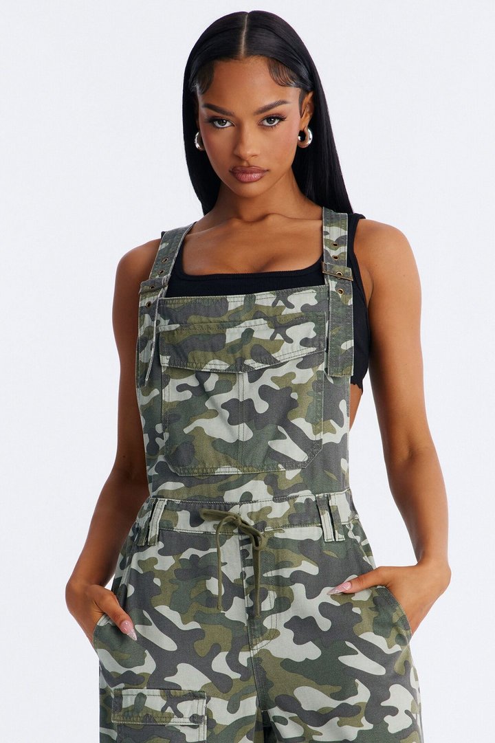 In Command Cargo Cropped Drapey Denim Overalls - Camouflage