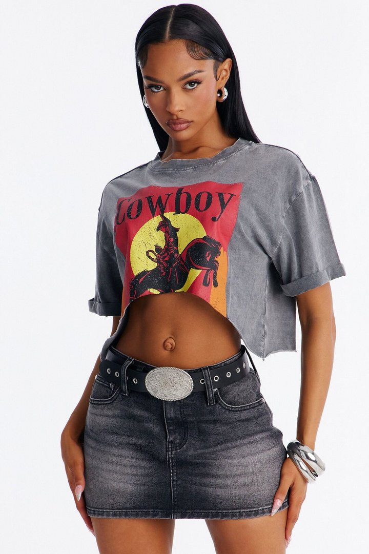 Cowboy Things Washed Cropped Tee - Black Wash