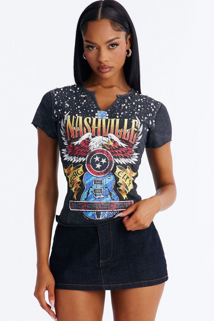 Nashville Rhinestone Music City Washed Top - Black Wash