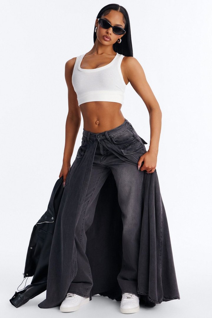Lost It Cargo Overlay Straight Leg Jeans - Black Wash