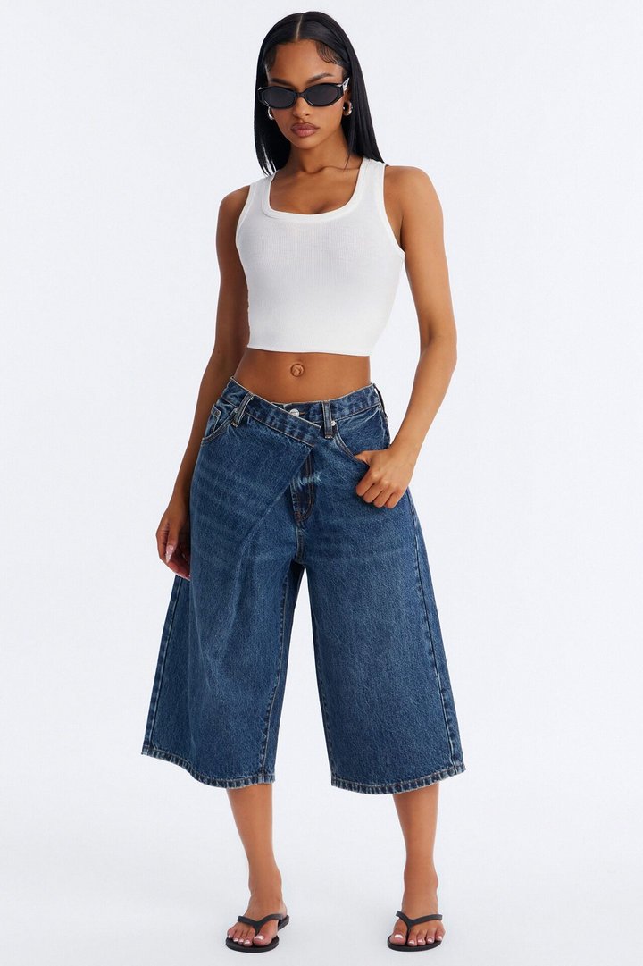 Offset Crossover Denim Culotte Jeans - Dark Wash