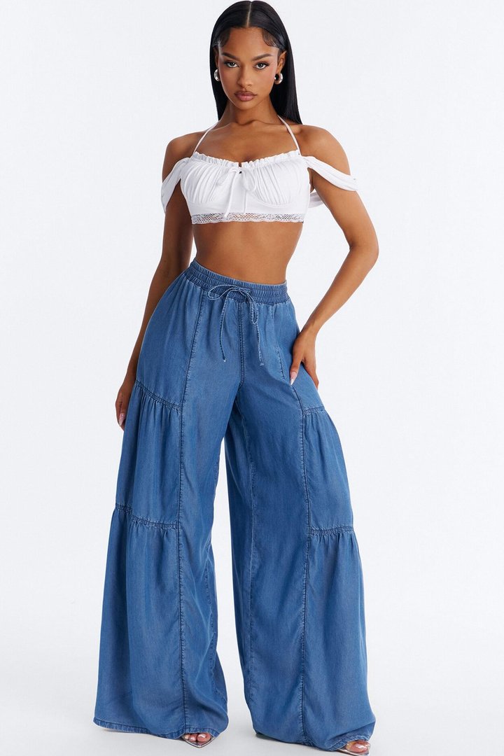 Best View Chambray Tiered Wide Leg Pant 33″ - Medium Wash