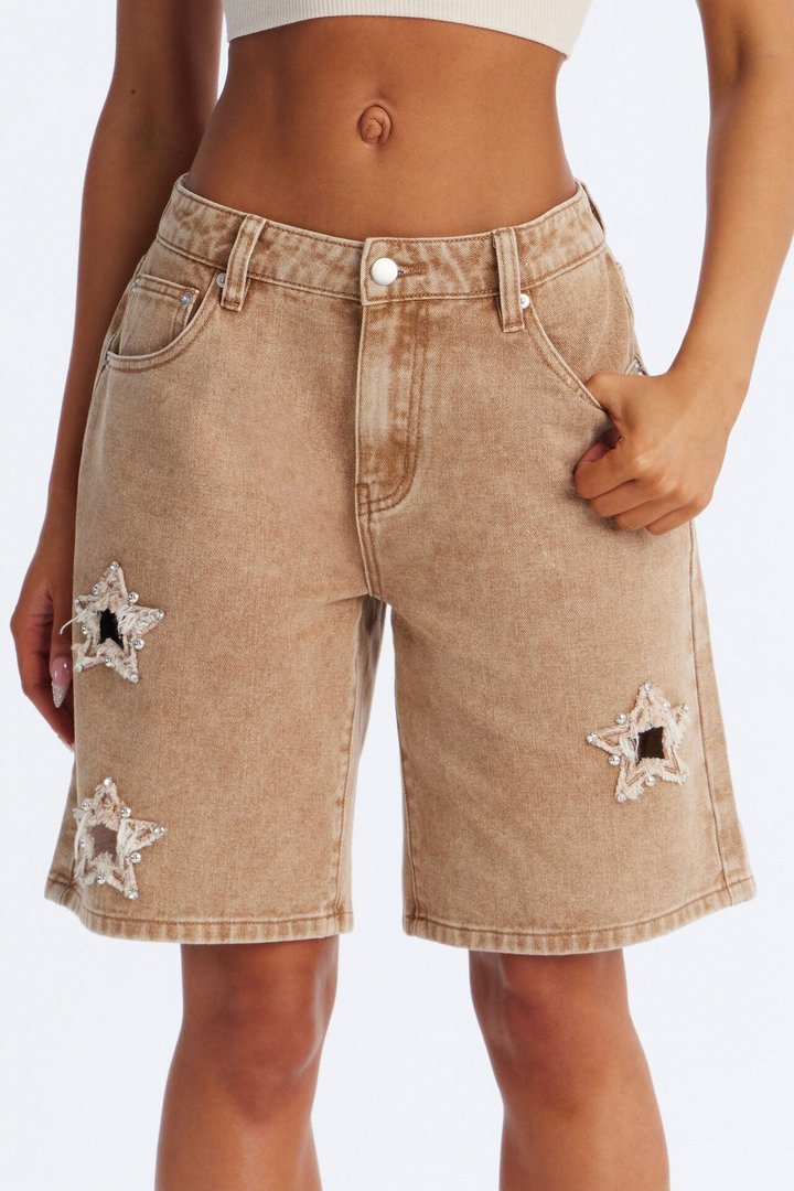 Starry Eyes Embellished Denim Shorts - Brown