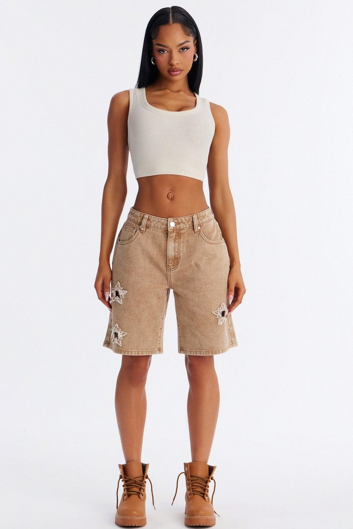 Starry Eyes Embellished Denim Shorts - Brown