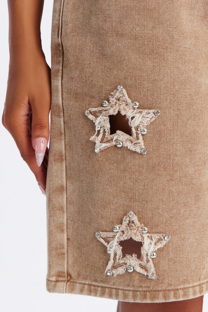 Starry Eyes Embellished Denim Shorts - Brown
