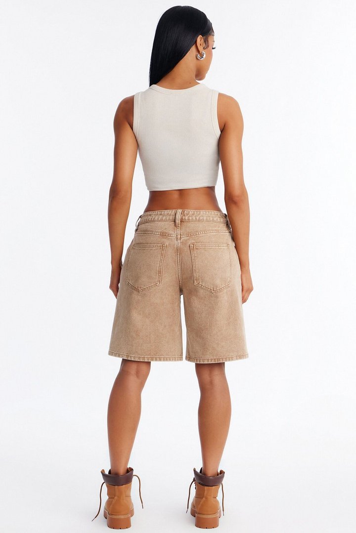 Starry Eyes Embellished Denim Shorts - Brown