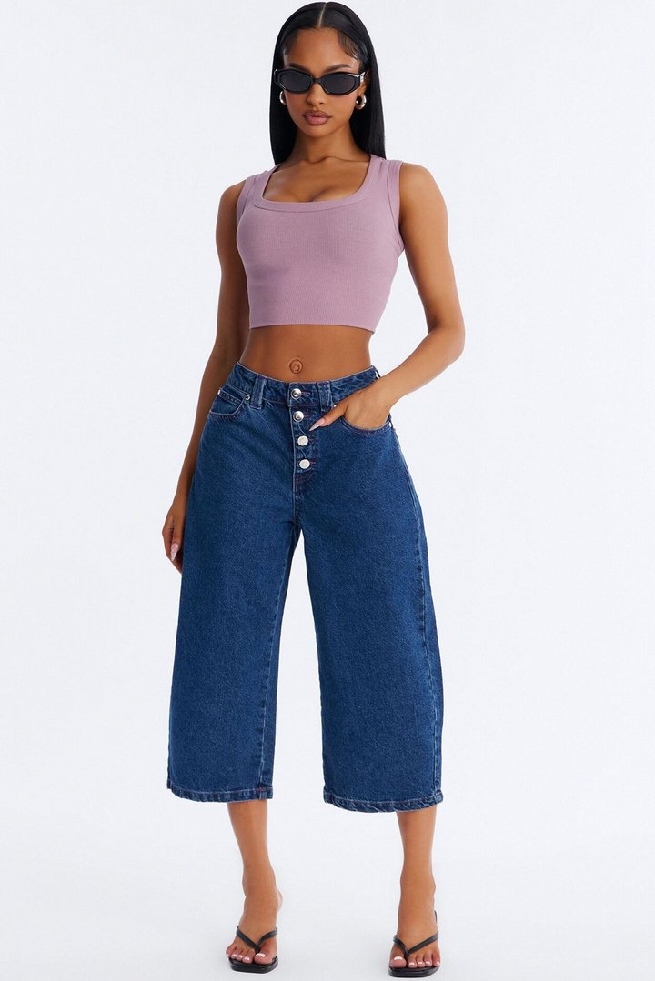 Persephone Button Fly Culotte Jeans - Rinse Blue Wash