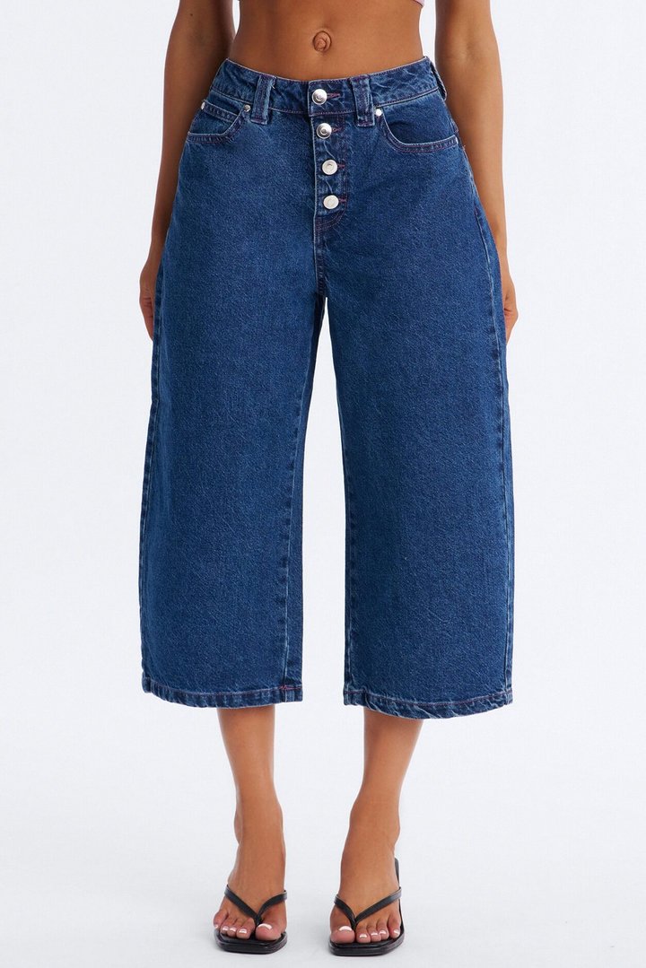 Persephone Button Fly Culotte Jeans - Rinse Blue Wash
