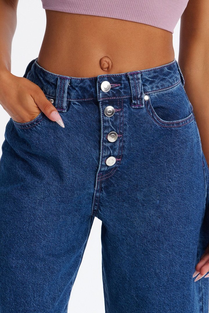 Persephone Button Fly Culotte Jeans - Rinse Blue Wash