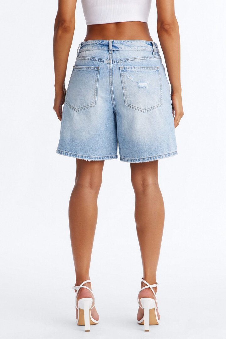 Just Liked It Foldover Ripped Denim Shorts - Light Wash