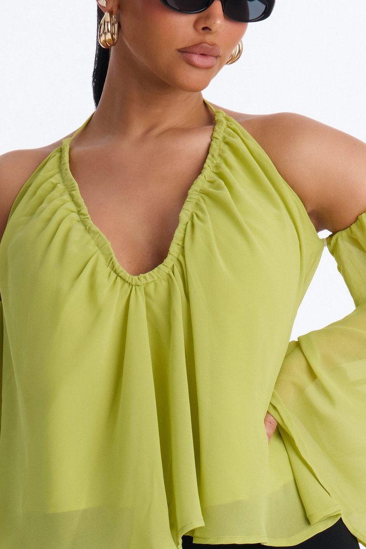 Maren Cold Shoulder Chiffon Blouse - Chartreuse