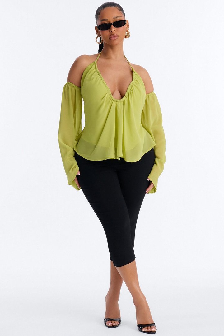Maren Cold Shoulder Chiffon Blouse - Chartreuse