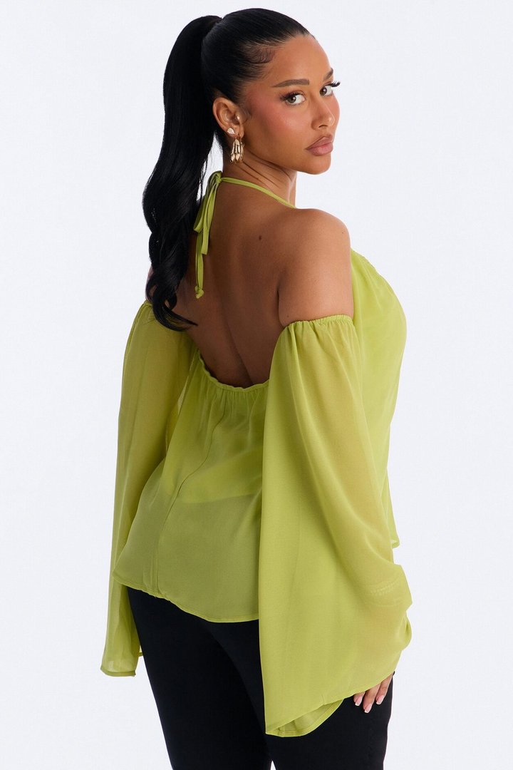 Maren Cold Shoulder Chiffon Blouse - Chartreuse