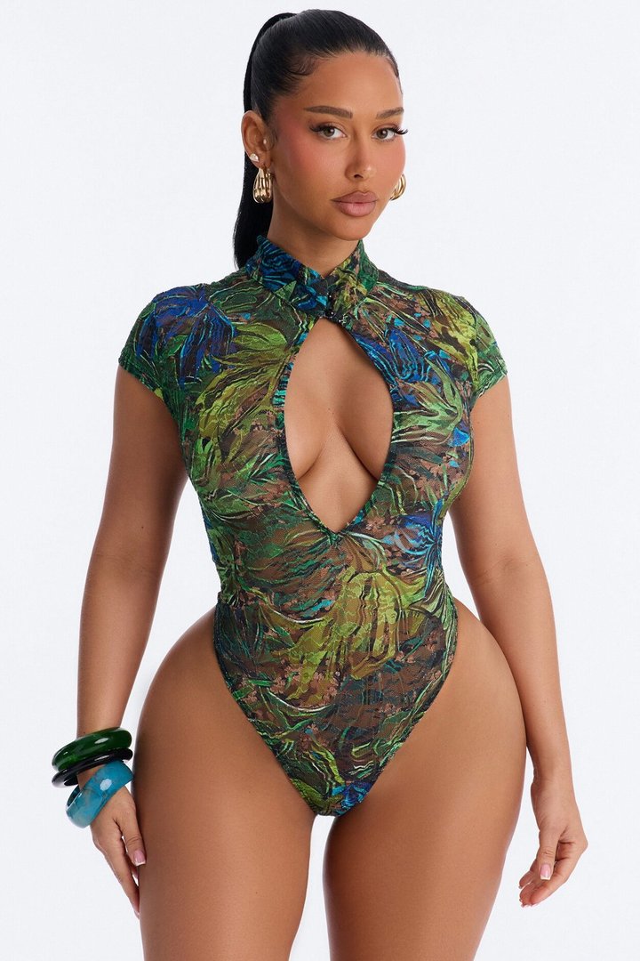 Zahara Mock Neck Mesh Cut Out Bodysuit - Green/combo