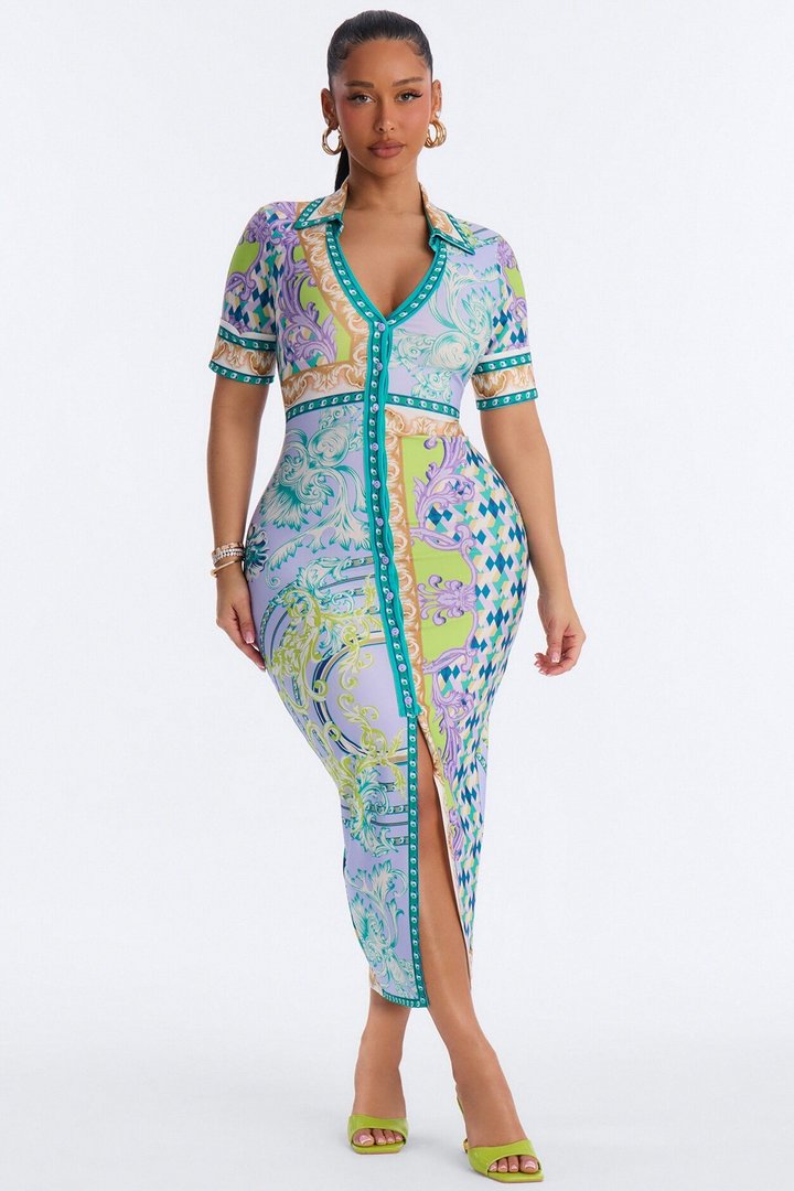 Caitlin Button Up Printed Midi Dress - Green/combo