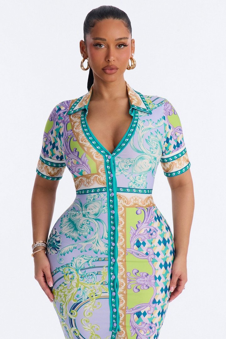 Caitlin Button Up Printed Midi Dress - Green/combo