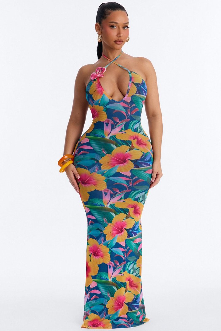 Malia Halter Mesh Maxi Dress - Blue/combo