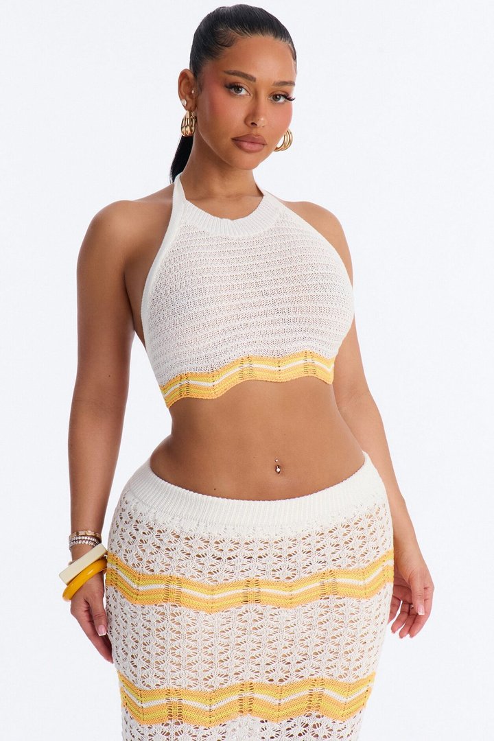 Golden Waves Halter Crochet Skirt Set - White/combo