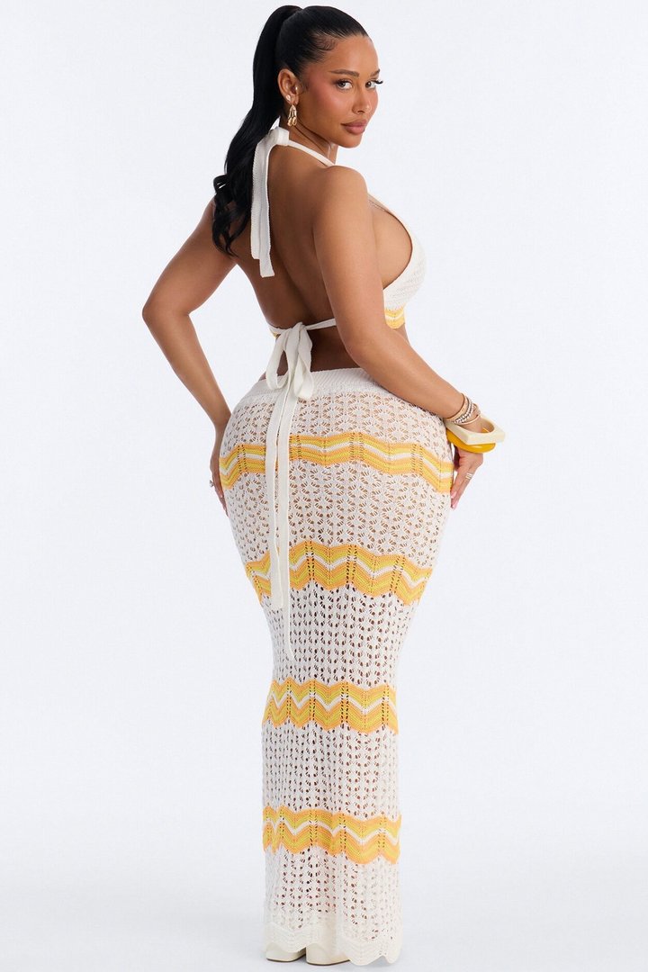Golden Waves Halter Crochet Skirt Set - White/combo