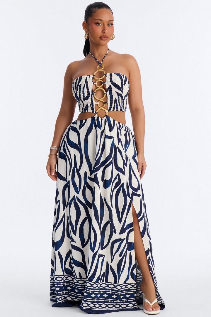 Hawaiian Islands Linen Maxi Dress - Navy