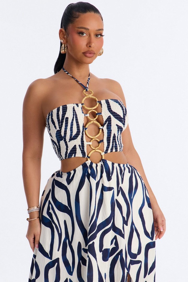 Hawaiian Islands Linen Maxi Dress - Navy