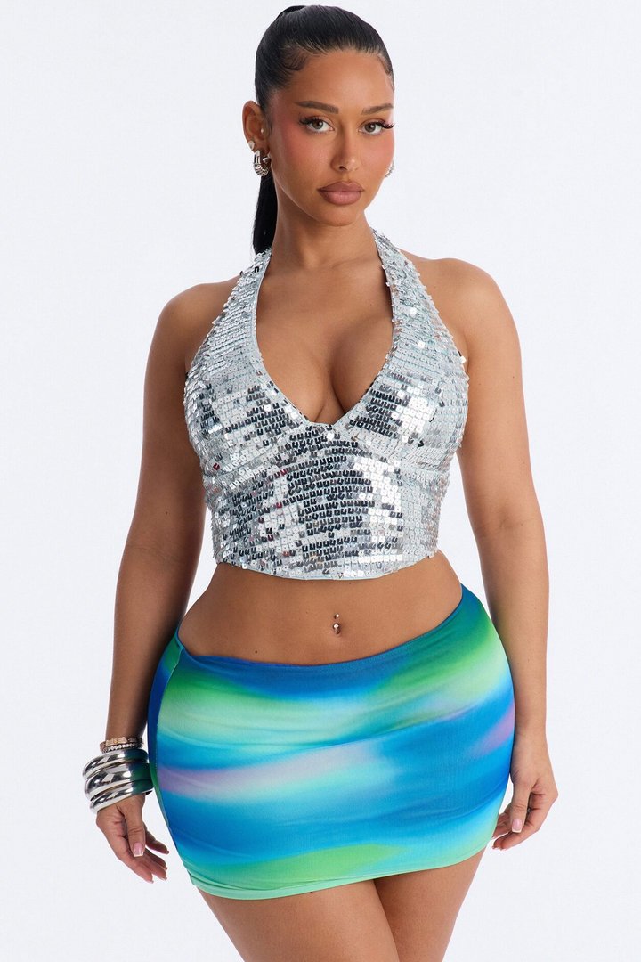 Kona Island Sequin Lace Up Halter Top - Blue
