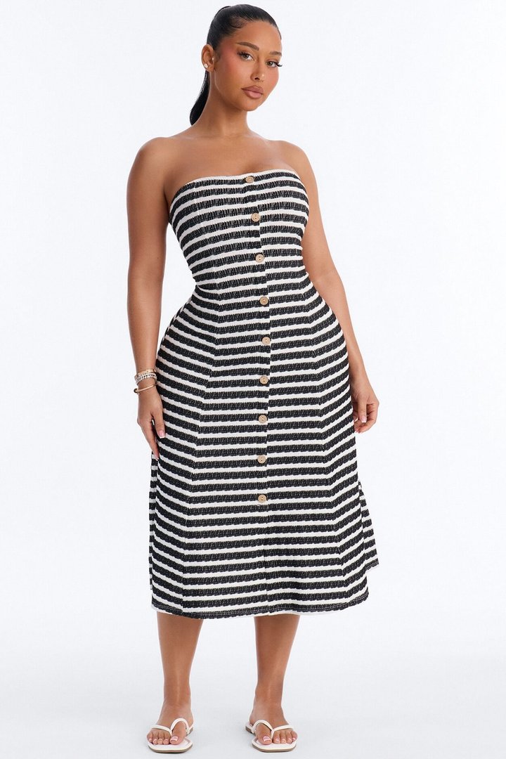 Celia Striped Textured Midi Dress - Black/White