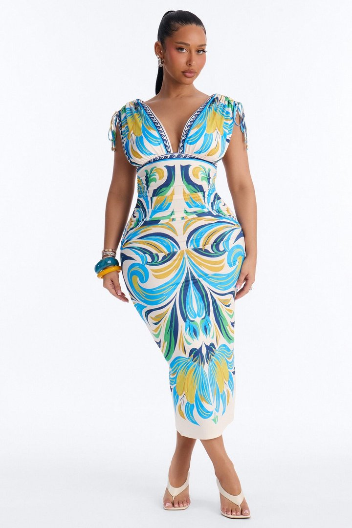 Alina Printed Ruched Midi Dress - Blue/combo