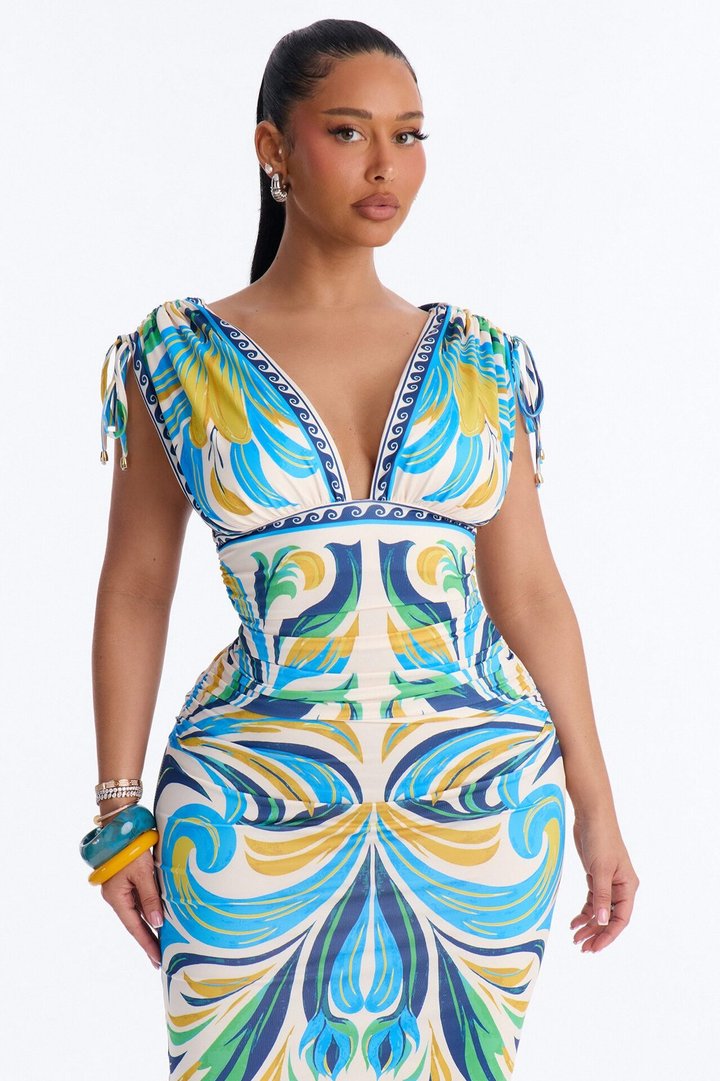 Alina Printed Ruched Midi Dress - Blue/combo