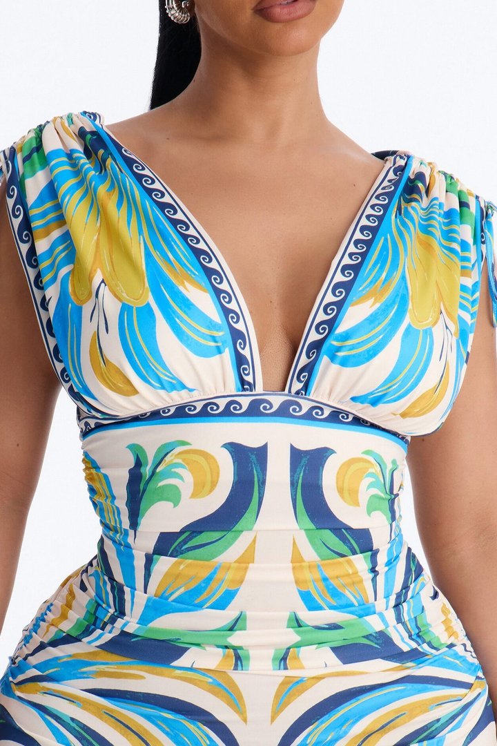 Alina Printed Ruched Midi Dress - Blue/combo