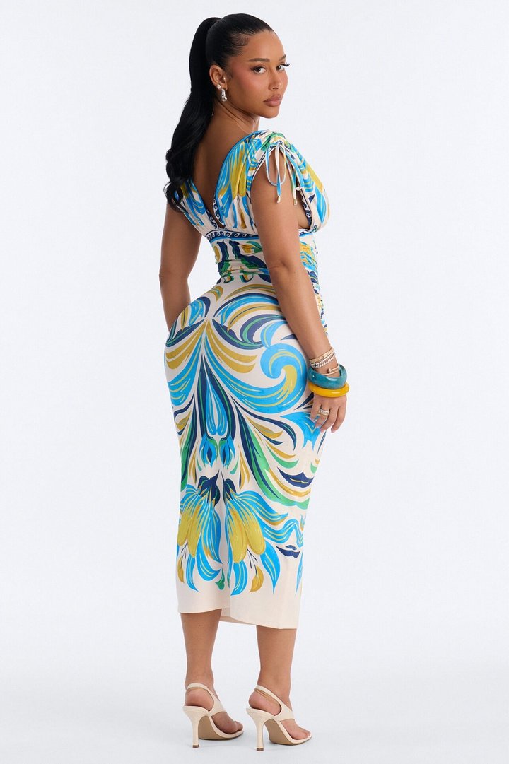 Alina Printed Ruched Midi Dress - Blue/combo