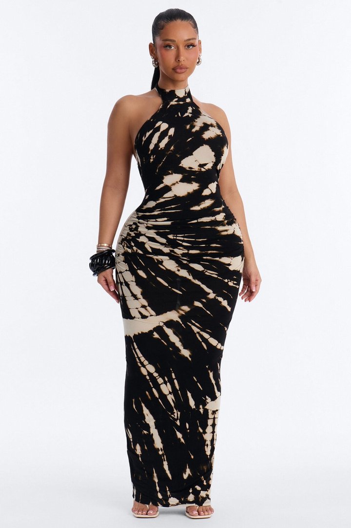 Savannah Tie Dye Halter Maxi Dress - Black/combo