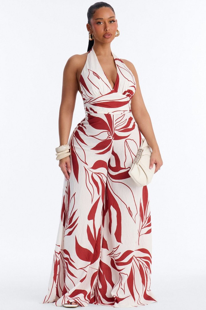 Vacation Vibe Backless Halter Jumpsuit - Rust