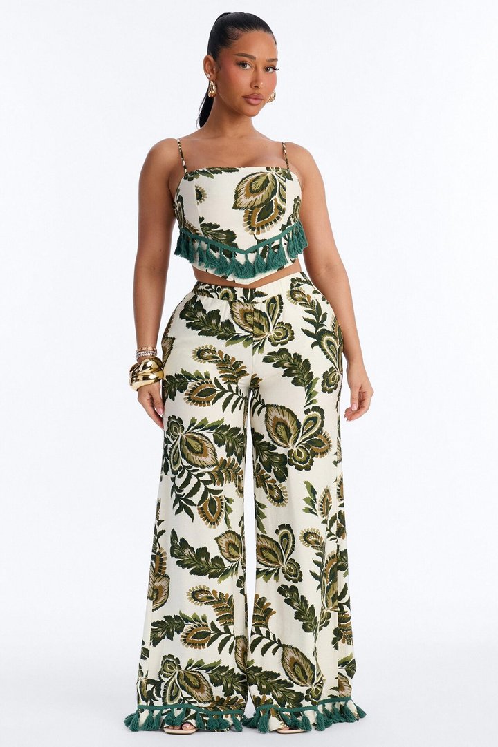 Tropics Linen Fringe Pant Set - Green/combo