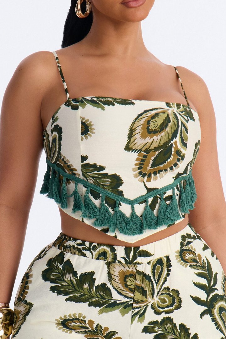 Tropics Linen Fringe Pant Set - Green/combo