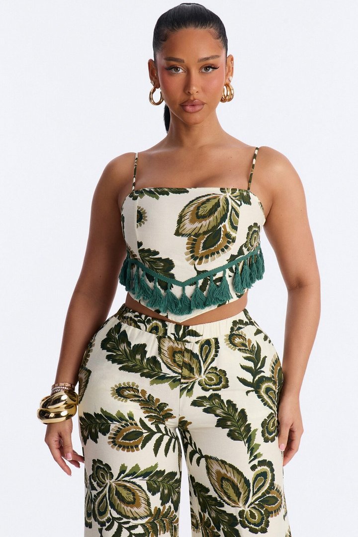 Tropics Linen Fringe Pant Set - Green/combo