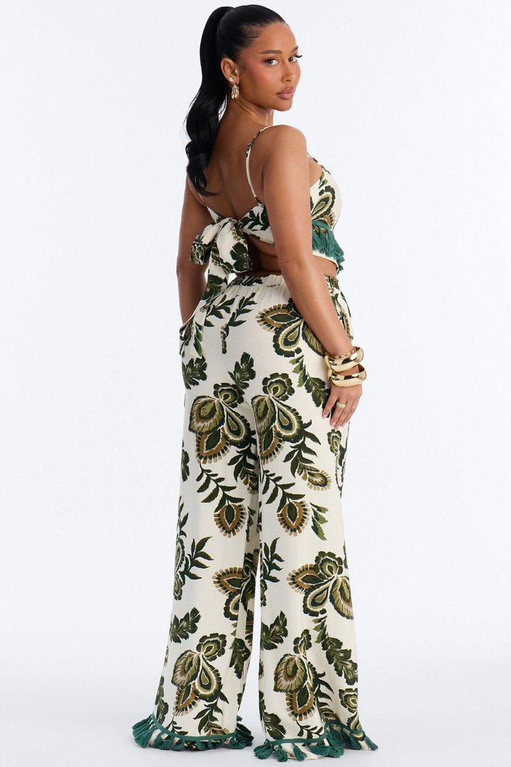 Tropics Linen Fringe Pant Set - Green/combo