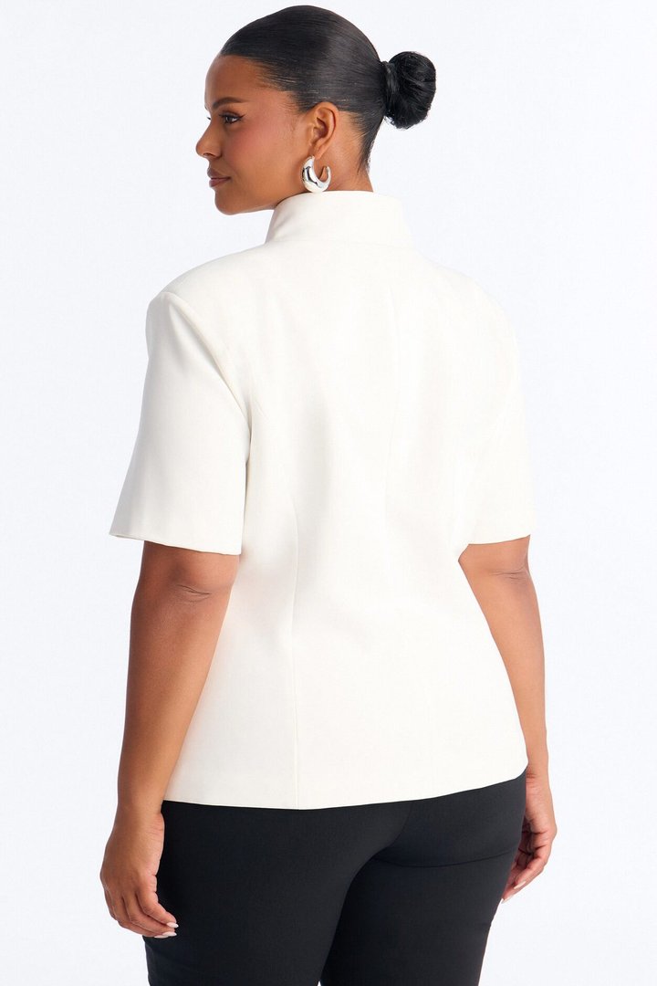 Gemini Dreams Stand Collar Short Sleeve Blazer - White