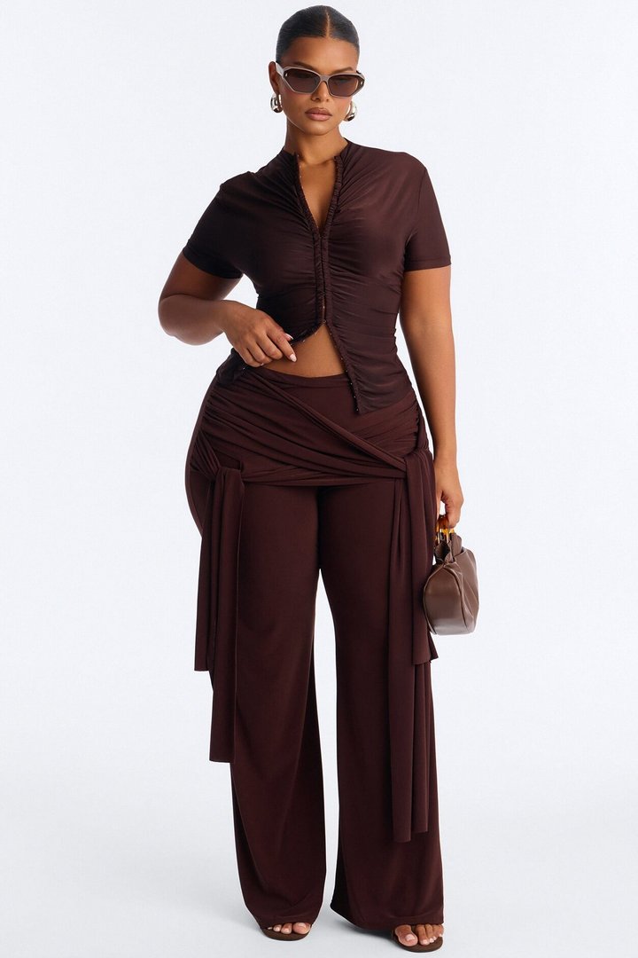 Valentina Ruched Short Sleeve Top - Chocolate