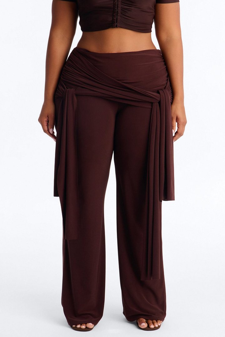 Sakura High Rise Tie Waist Flare Pants - Chocolate