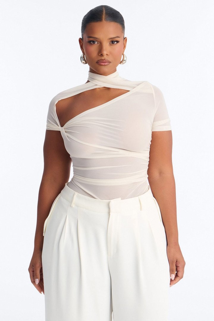 Sophie Power Mesh Twist Short Sleeve Top - Bone