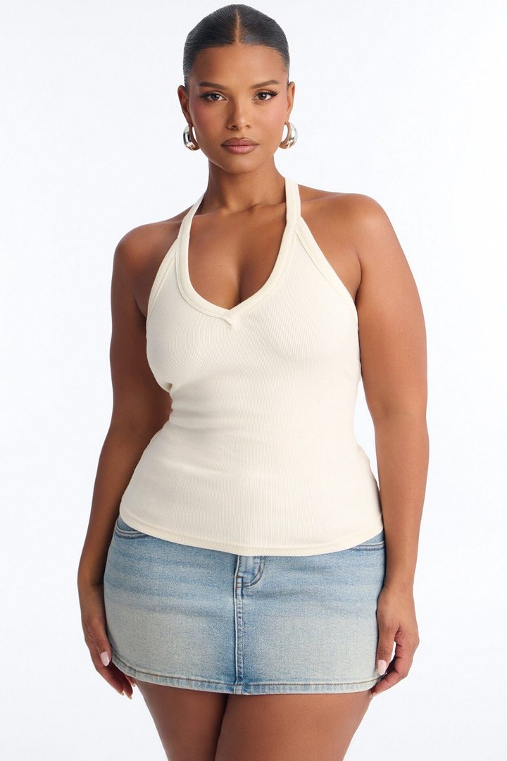 Kimberly Rib V-Neck Racerback Sleeveless Top - Cream