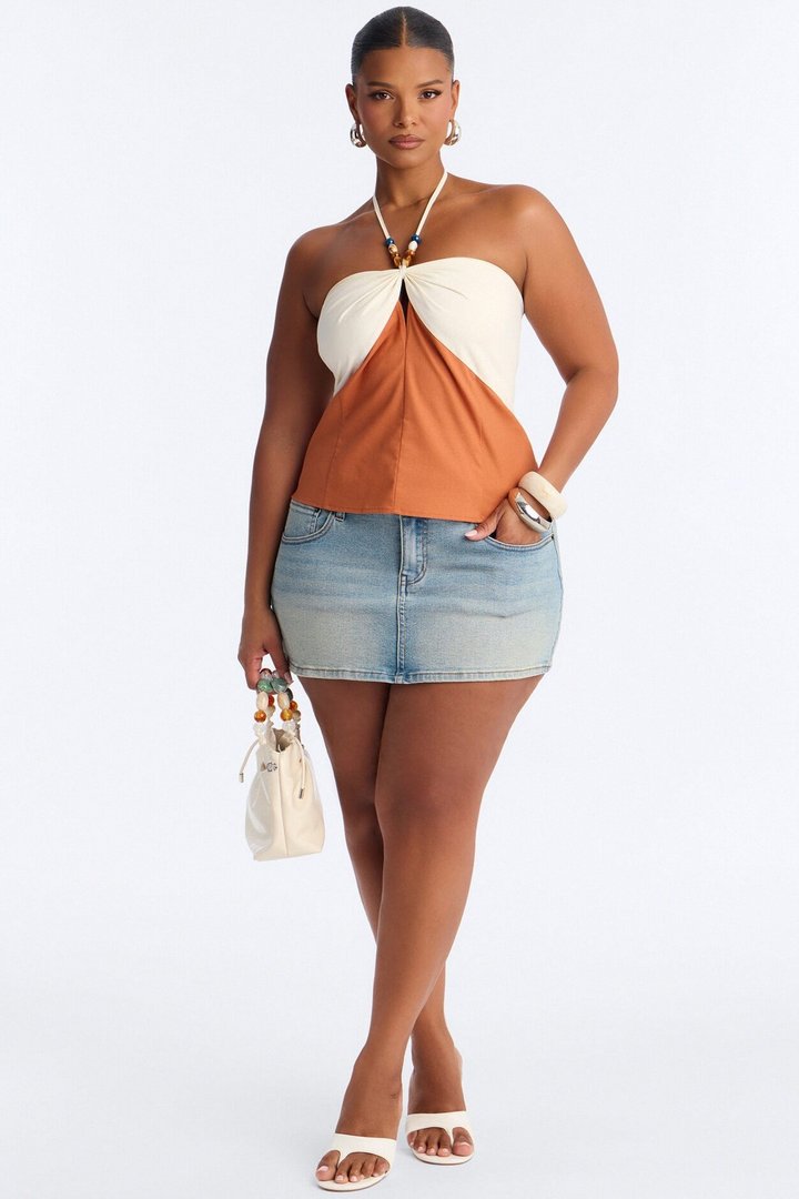Pretty Playful Beaded Contrast Linen Halter Top - Cream/combo