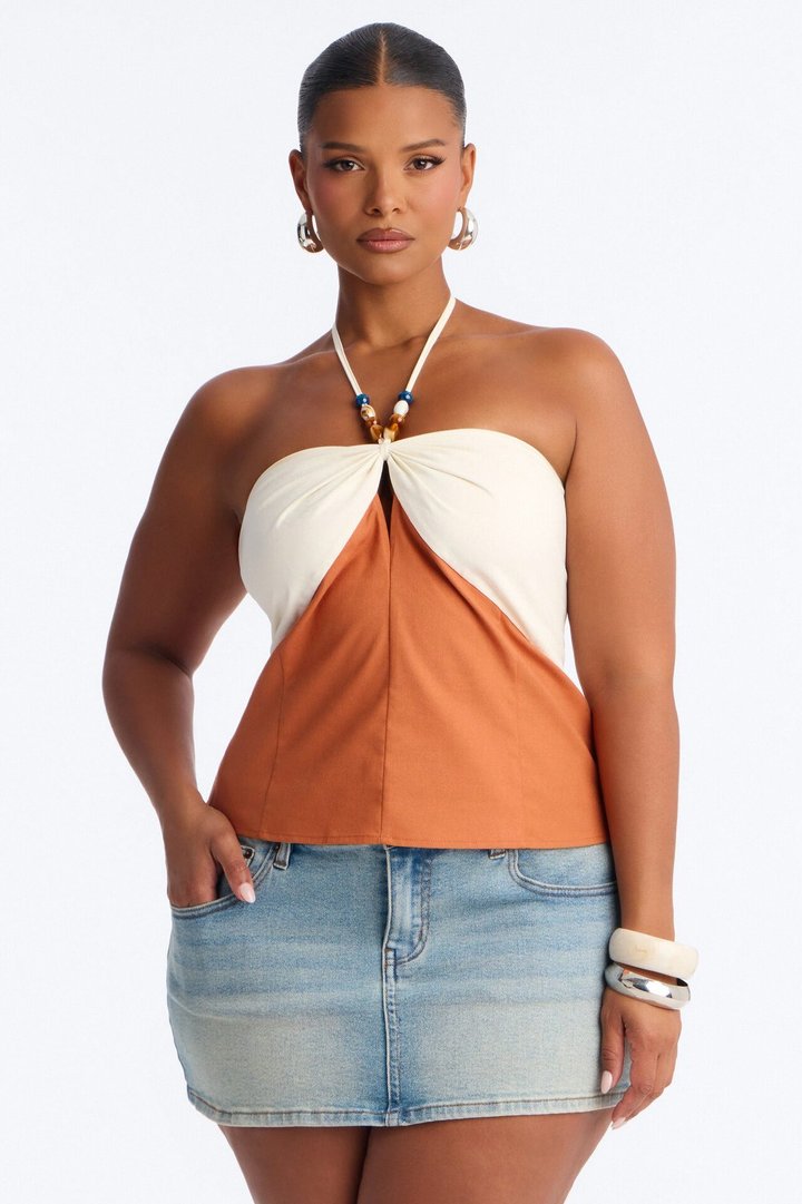 Pretty Playful Beaded Contrast Linen Halter Top - Cream/combo